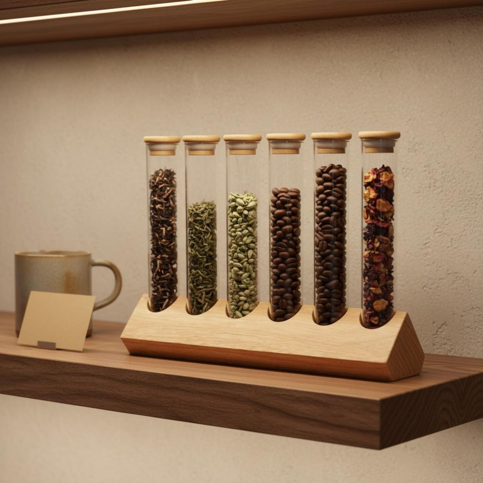 Display Stand Wood - Glazen buisjes set met houten standaard,