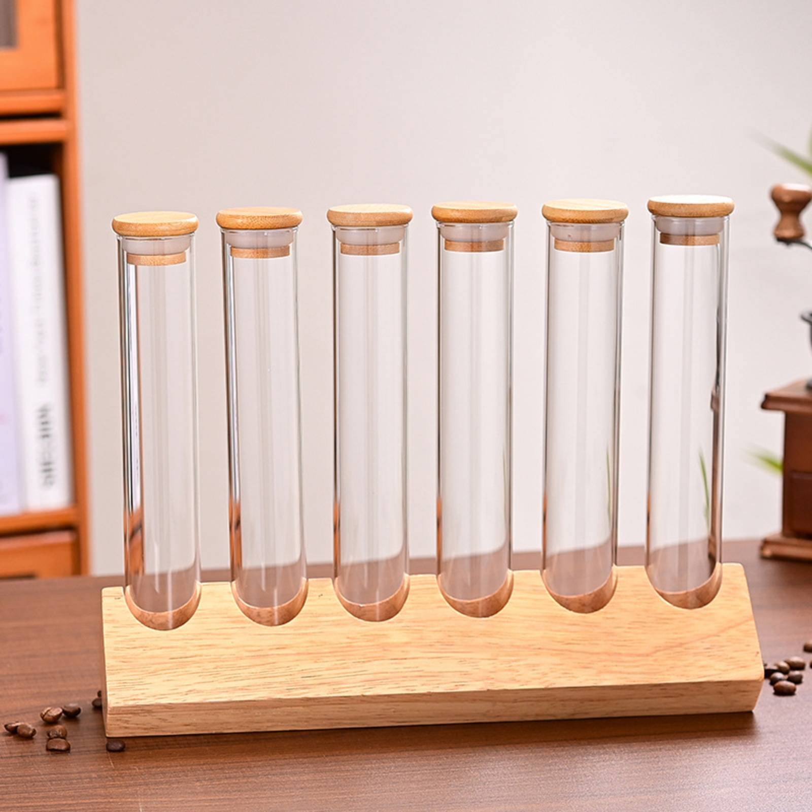 Glazen buisvormige bewaardoose - Display Stand Wood recensie en prijs